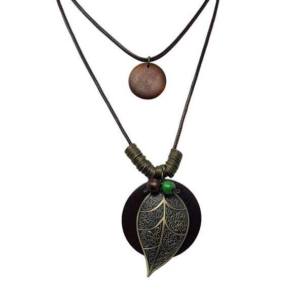 Handmade Boho Necklace With Leaf & Circle Pendants Double Layered Brown & Bronze - Picture 1 of 10